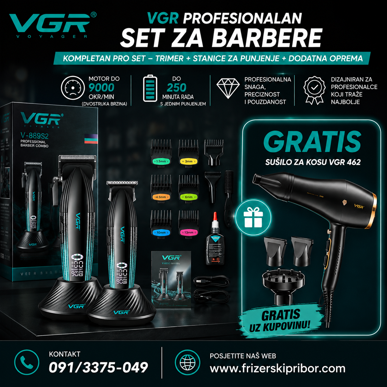 VGR 889S2 set mašinica i trimer - Gratis sušilo za kosu